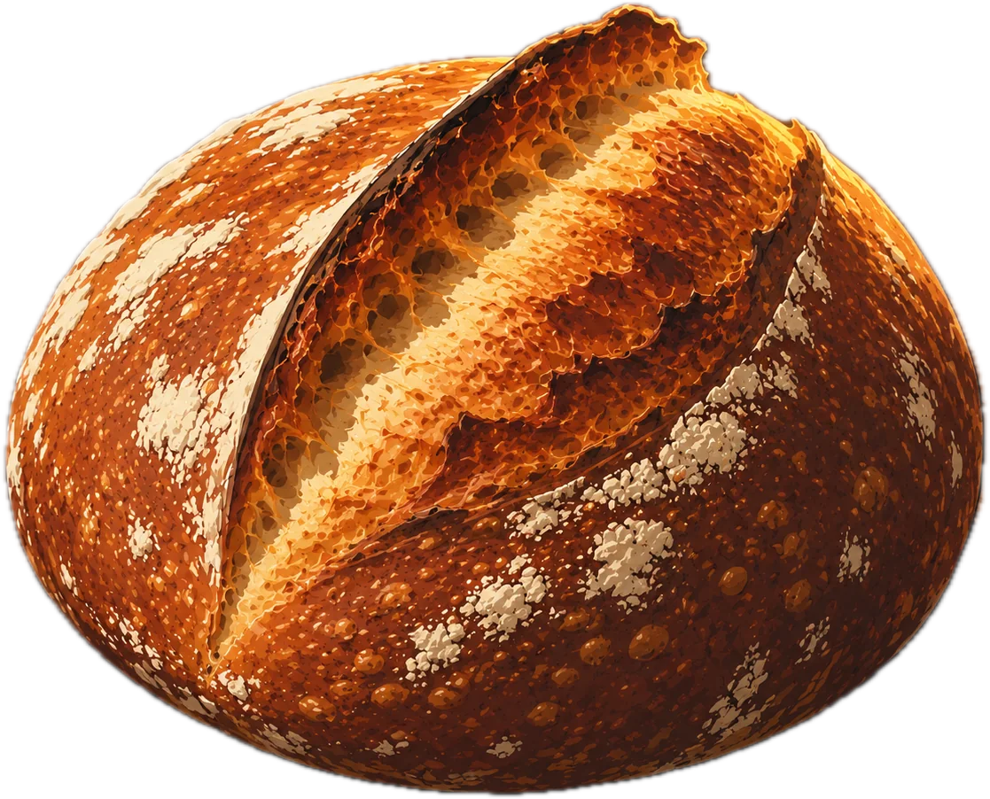 A round sourdough boule with a dark blistered crust and a curled ear where it was scored.