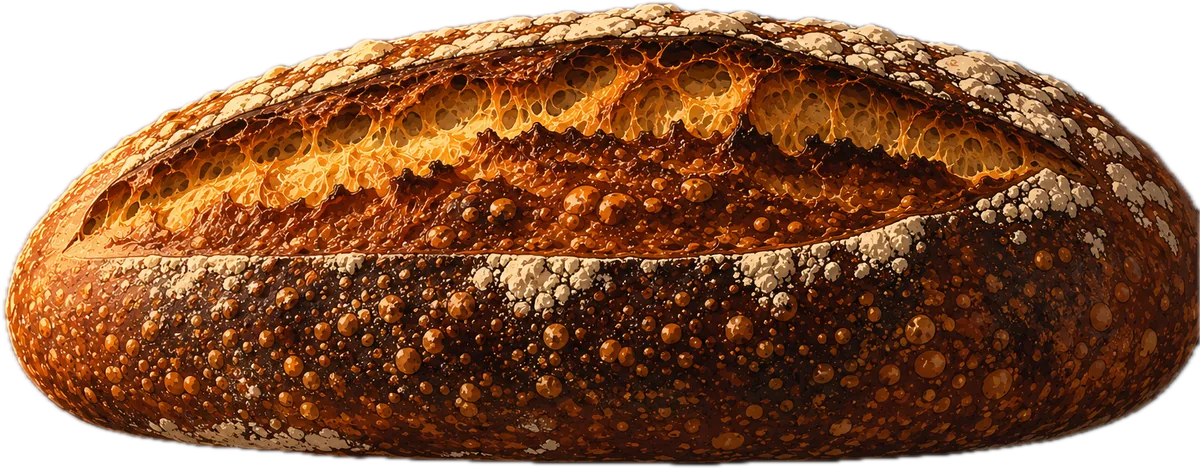 A long oval sourdough b&acirc;tard seen from the side, its score burst open into a floured ridge.