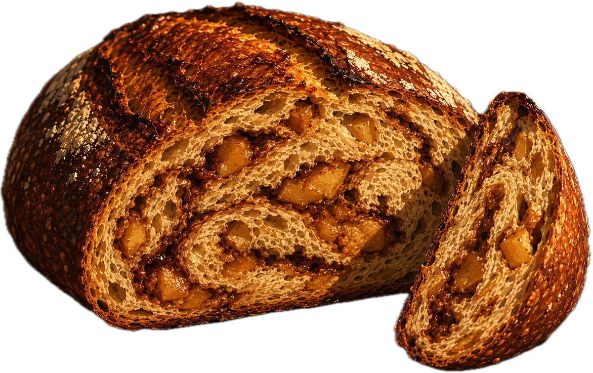 An apple cinnamon sourdough loaf cut open, showing apple pieces and cinnamon ribbons in the crumb.