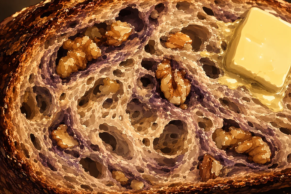 Close-up of walnut sourdough crumb, open and glossy, with toasted walnuts throughout.