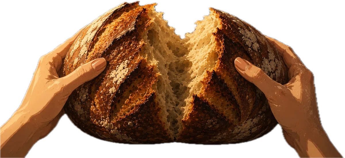 Two floured hands tearing a warm round sourdough loaf in half, steam rising from the crumb.